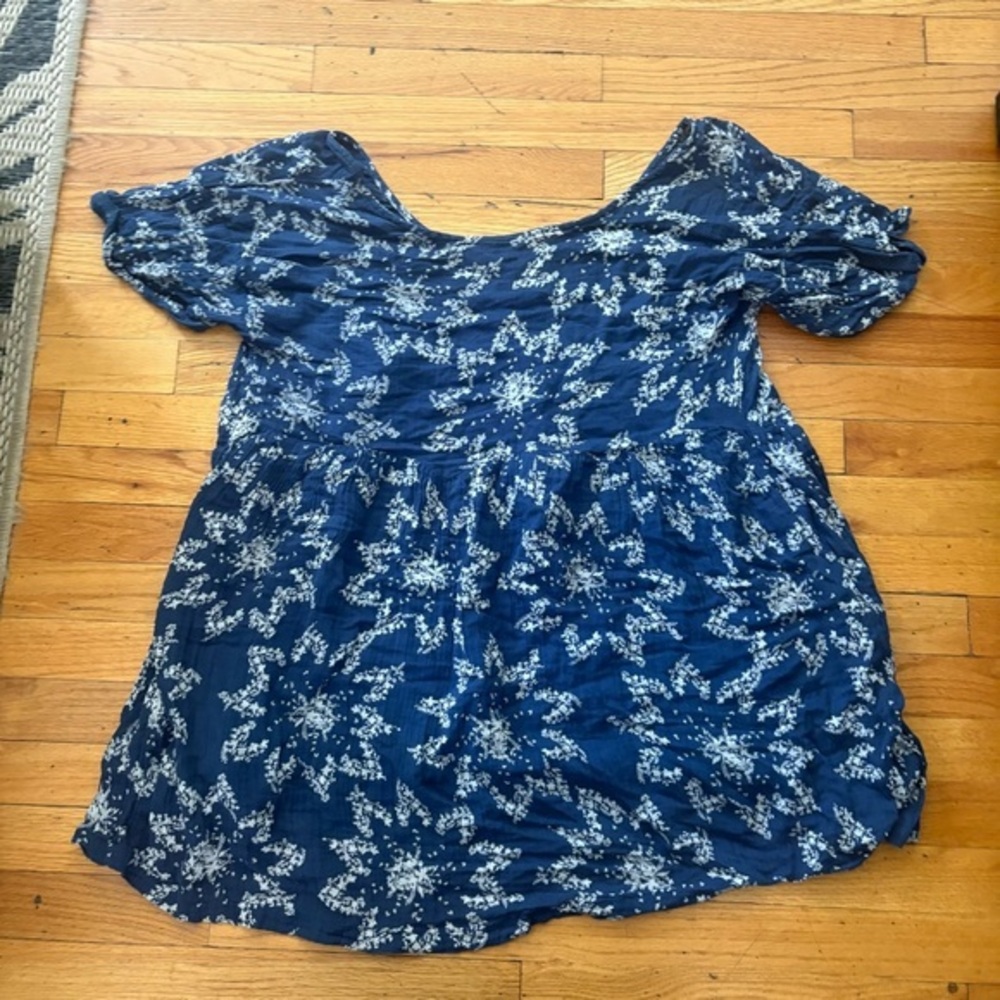 Free People Blue Cotton Floral Oversized Blouse Size Medium
